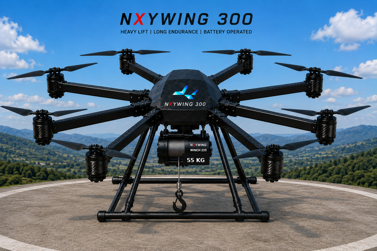 NXYWING 300 octorotor hero image with heavy-lift winch labeled 55 KG against blue sky