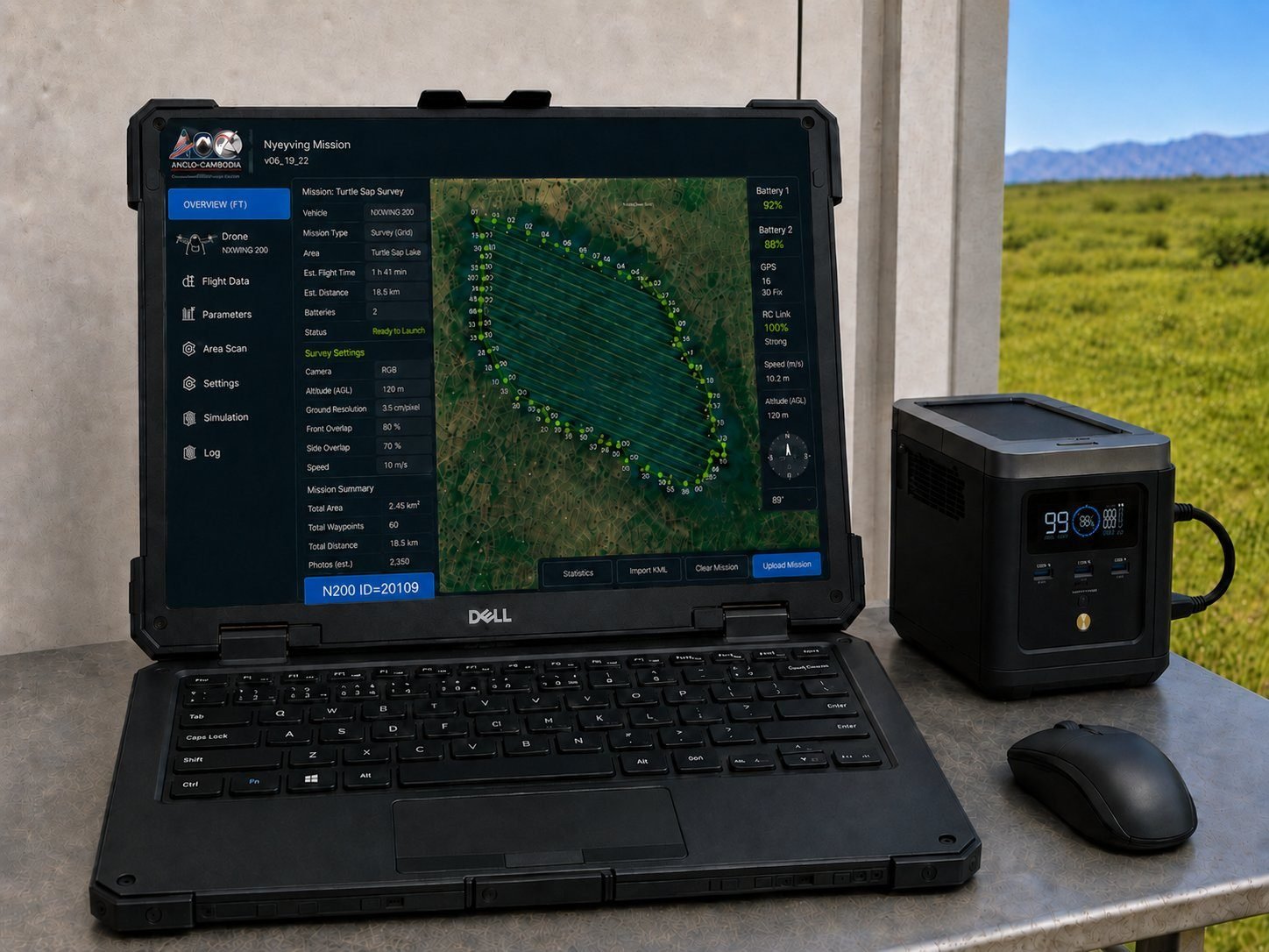Rugged Dell laptop running NXY Mission Planner with a survey-grid plan over a coastal survey area, showing 60 waypoints and an 18.5 km route. NXYWING branding visible. NXYWING 200 mission v06_19_22, ID 20109.