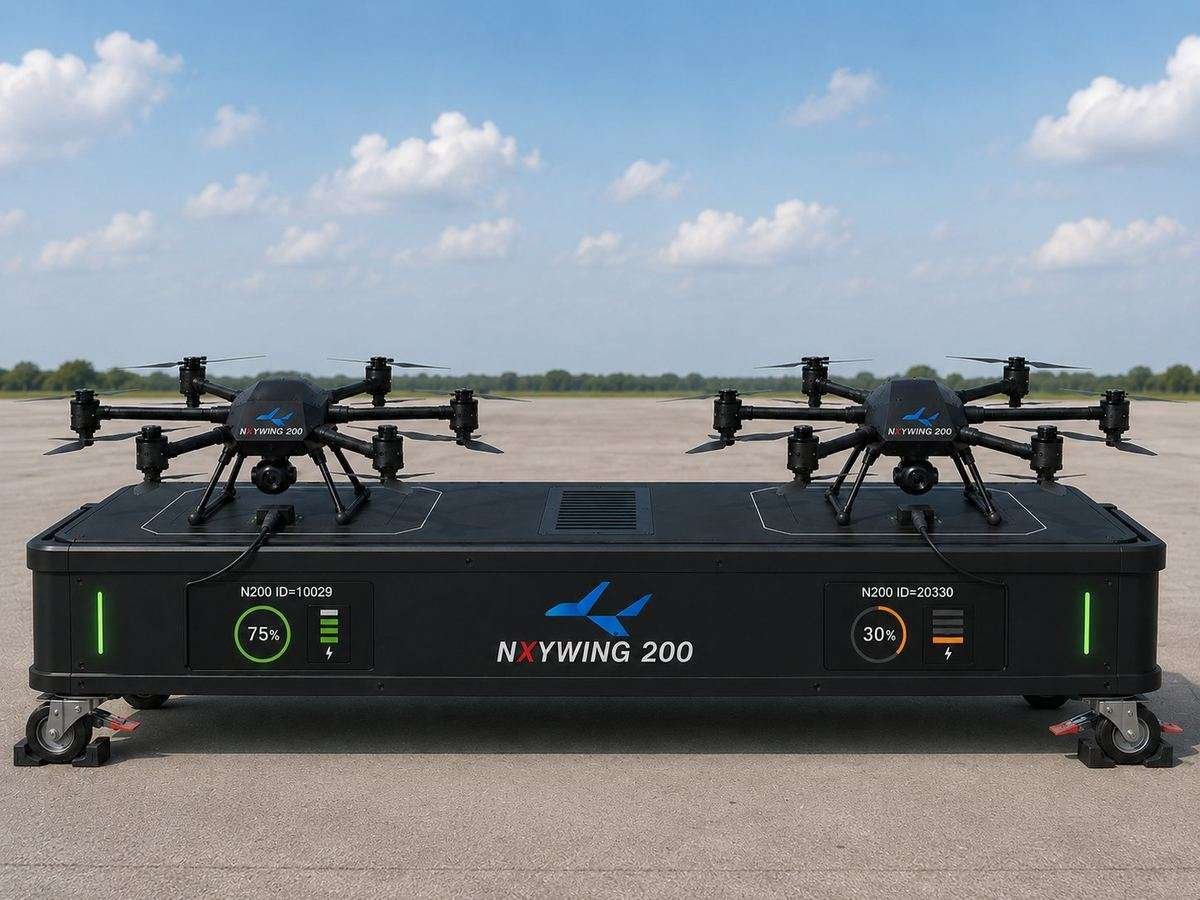 NXYWING 200 dual-bay charging dock with two airframes at 75% and 30% charge