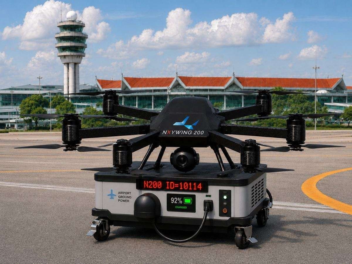 NXYWING 200 docked on airport ground power station, control tower in background