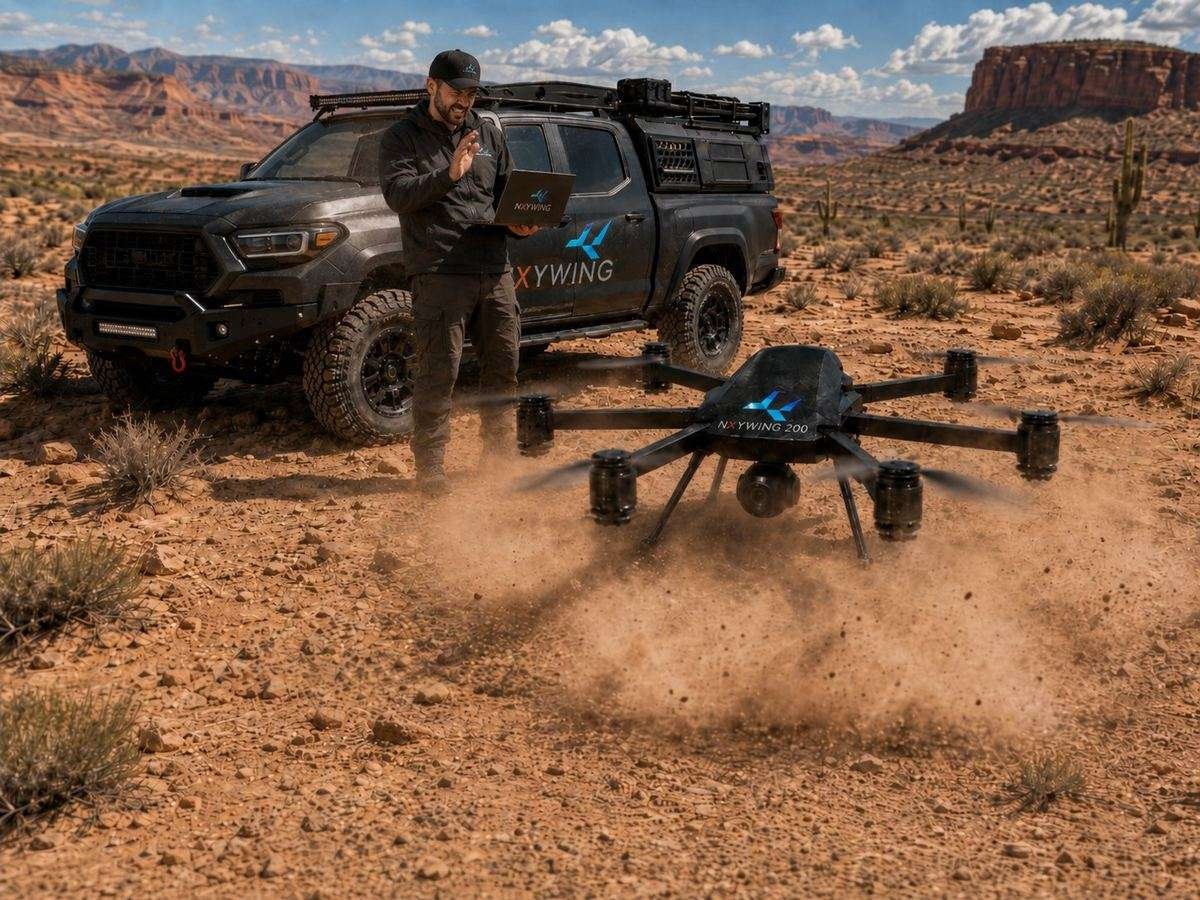 NXYWING operator with field truck and NXYWING 200 in desert deployment